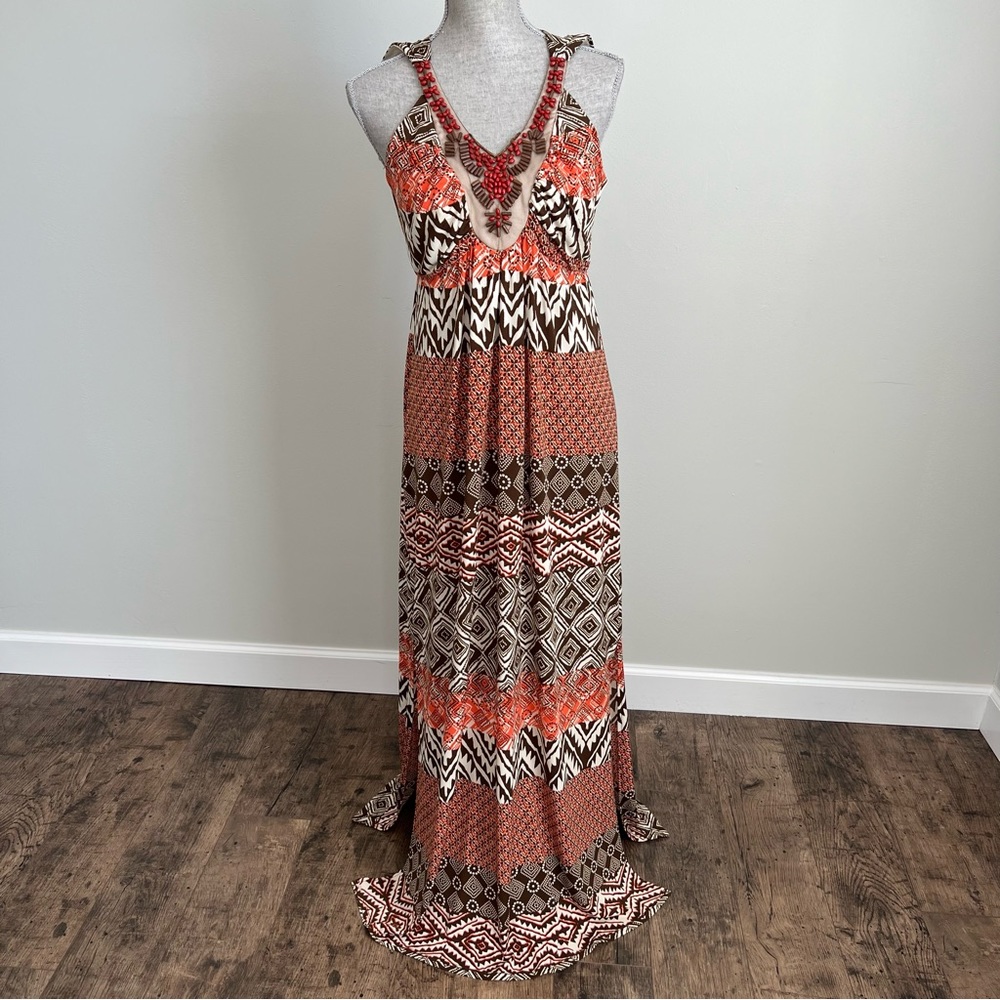 Sangria Maxi Dress Beaded Halter Side Slits Safari Aztec Cream Brown Orange 6